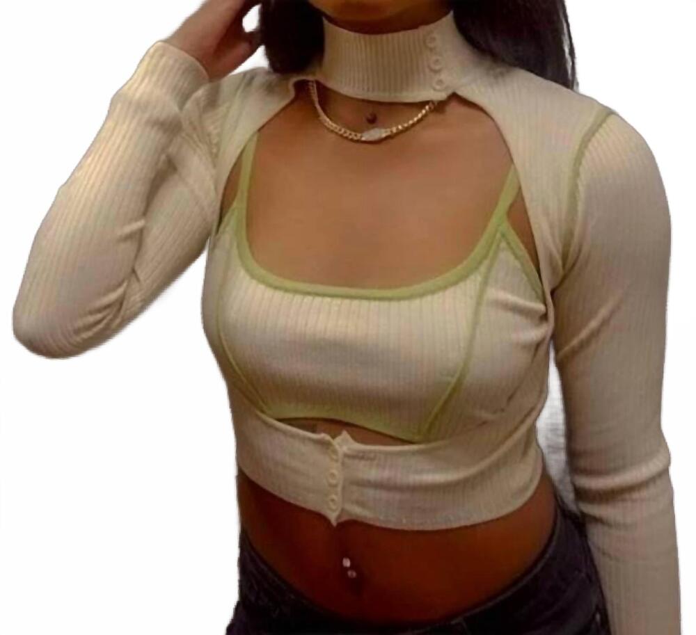 NEW REHAB nona two piece sweater cardigan knit crop top set in cream & green